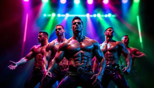 A group of male strippers dancing at a revue show